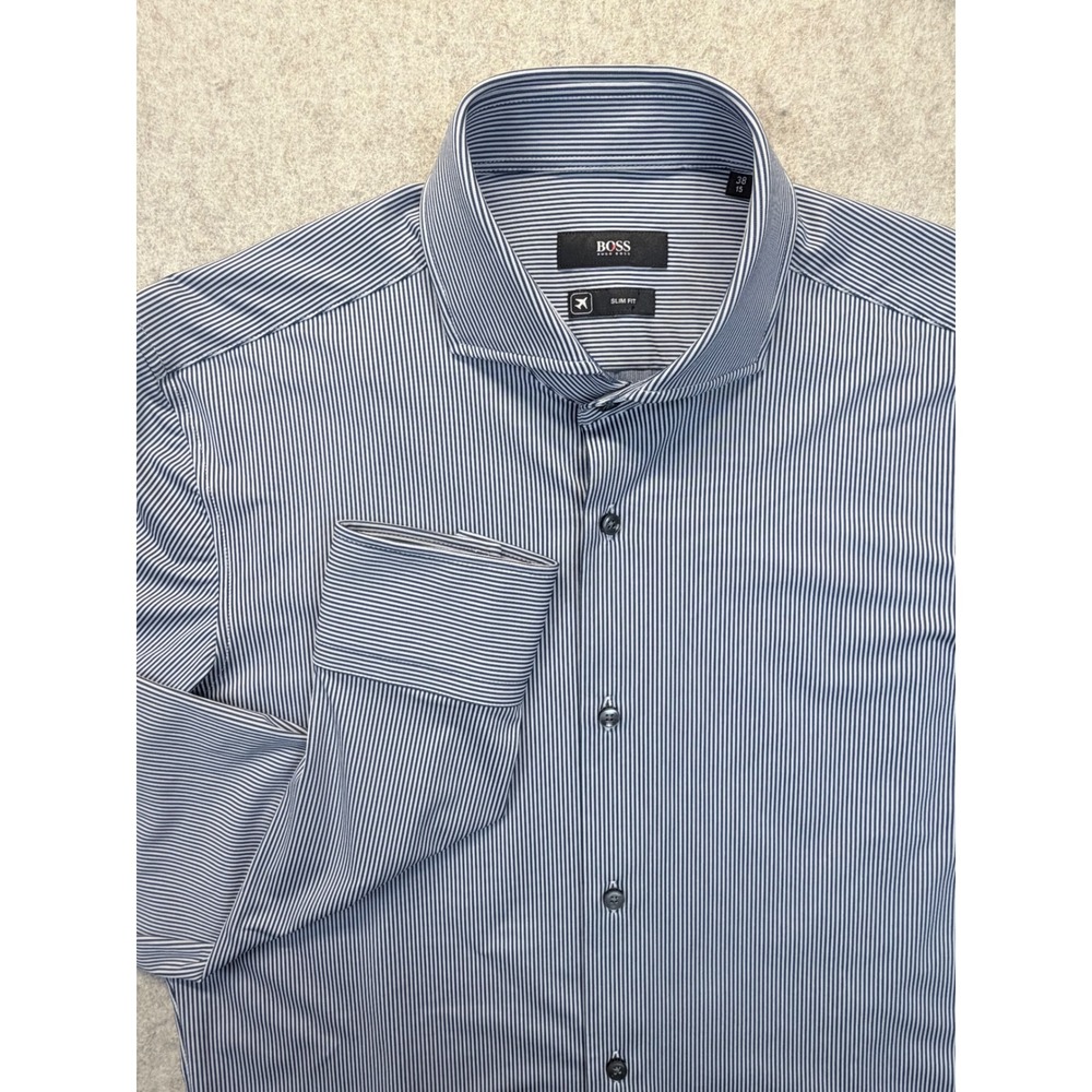BOSS Hugo Boss Button Up Mens 15 38 Blue White Micro Stripe Slim Fit